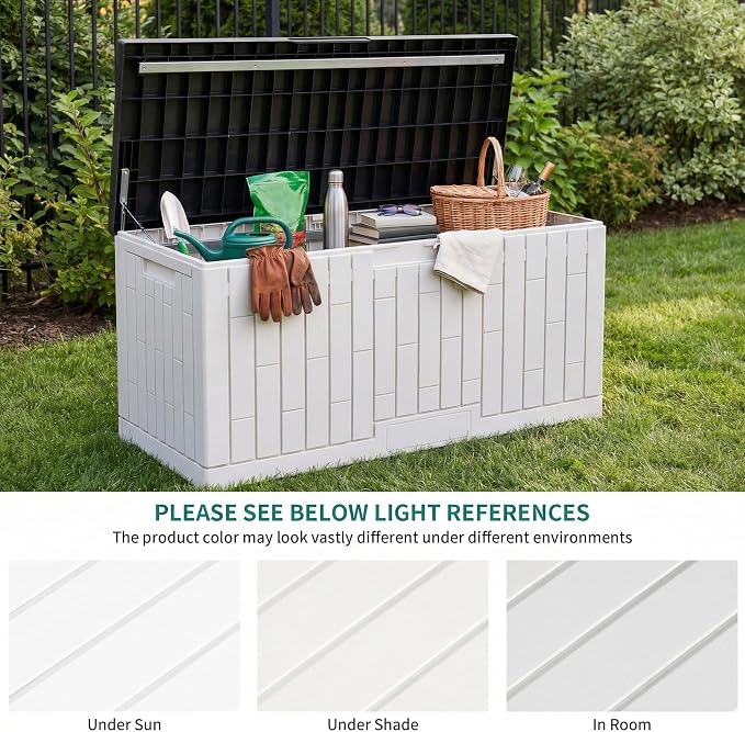 YITAHOME Large Deck Box 120 Gallon Resin Outdoor Storage Box w/Slide-Locking Black Lid, Patio Storage Bin for Outdoor Pillows, Garden Tools and Pool Supplies, Waterproof, Lockable, Grayish-White