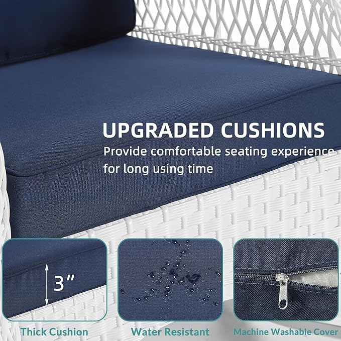 MEETWARM Outdoor Wicker Patio Glider Set, Loveseat for 2 Person Porch Furniture Glider with Glass-Top Coffee Table, Patio Glider Rocking Bench with Thickened Cushions, White Wicker/Navy