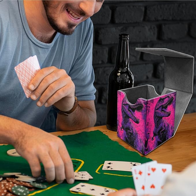 Pink Dinosaur Card Deck Box for MTG, Personalized Card Storage Case Fits 120+ Sleeved Cards, Premium Leather TCG Box with Strong Magnetic Closure for Magic, CCG, PTCG, Baseball Cards