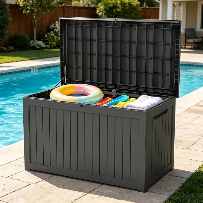 LAUSAINT HOME 240 Gallon Giant Resin Deck Box with Hydraulic Pistons - Waterproof Outdoor Storage Bench for Large Cushions, Lockable Patio Bin for Pool and Backyard (Black)