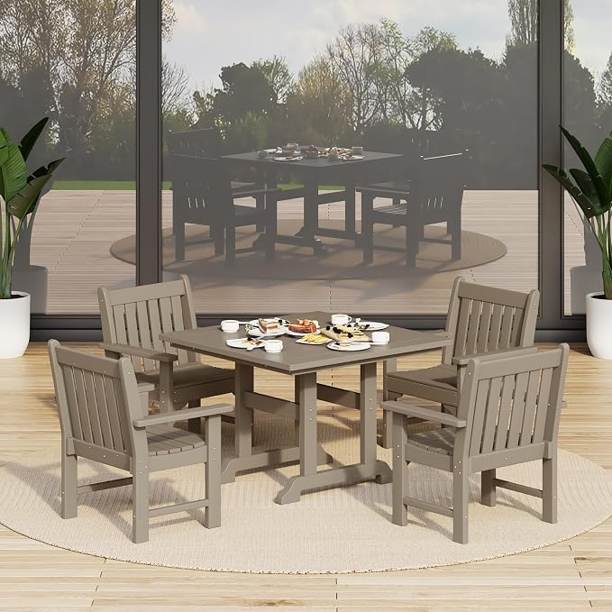 Costaelm Square Outdoor Dining Tables, 43'' Patio Table with Umbrella Hole for 4 Person, Balcony Outdoor Buffet Porch for Outside Lawn Porch Bistro Furniture, Weathered Wood