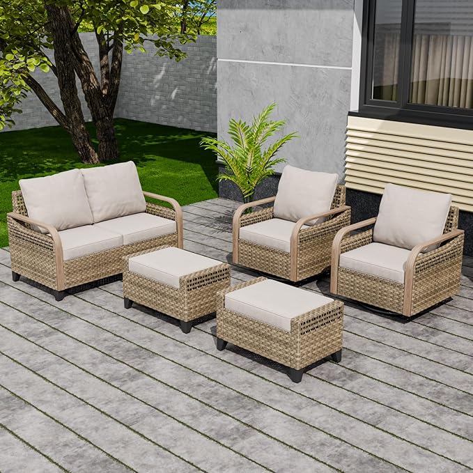 EAGLE PEAK Modern Wicker Outdoor Patio Furniture Set, Patio Conversation Set, 2 Swivel Rocking Chairs, 2-Seat Loveseat and 2 Ottomans, 5 Pieces, Brown/Gray