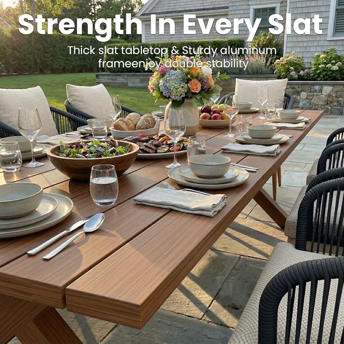 9-Piece Patio Dining Table Sets, Woven Wicker Dining Set with Rectangular Aluminum Table and Dining Chairs Modern Outdoor Dining Furniture Set for Outdoors and Indoors