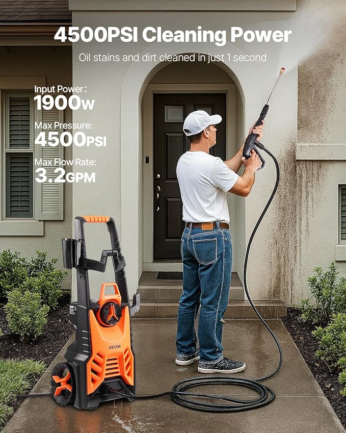 VEVOR Electric Pressure Washer, Max 4500 PSI 3.2 GPM, High-Power Cleaner with Foam Cannon & 4 Nozzles for Driveways, Cars, Fences, Patios, Home Cleaning