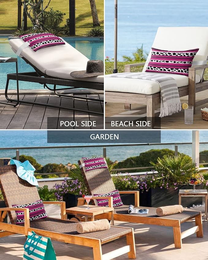 Outdoor Pillows Covers with Inserts Mexico Cow Grain Rose Red Waterproof Recliner Pillow with Adjustable Strap Throw Pillows for Patio Furniture Pool Lounge Chair, 11x16 inch, 1PCS