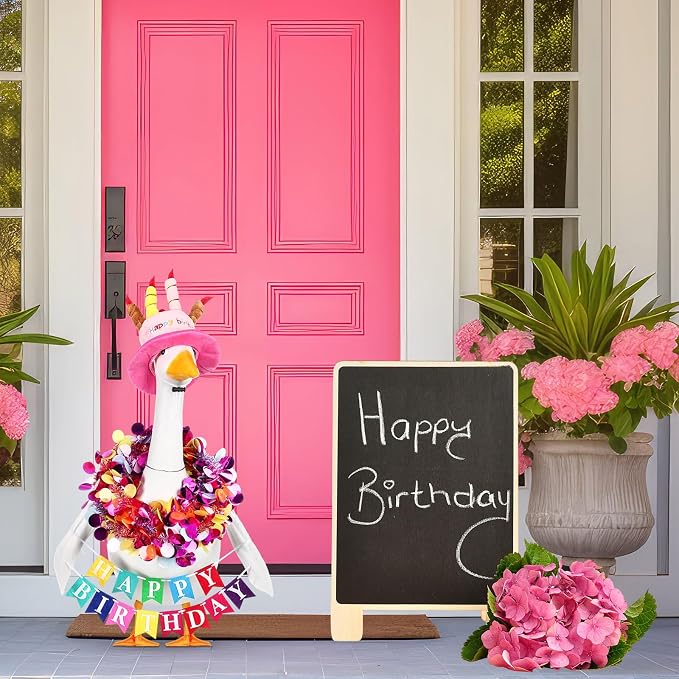 Abbylike 4 Pcs Happy Birthday Porch Goose Outfit for 23" Statues Poseable Porch Goose Wings Birthday Cake Hat for Lawn Patio Outdoor Geese Statue Decoration Accessories(Pink,Classic Style)