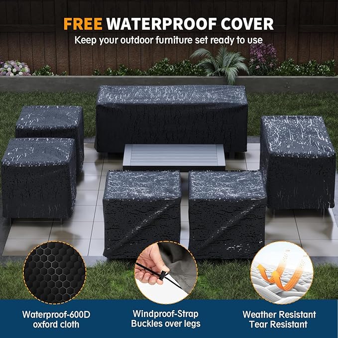 UDPATIO Aluminum Patio Furniture Set, Modular Oversized Outdoor Sectional of Olefin 5 inch Thick Cushion, Coffee Table and Waterproof Cover, Patio Conversation Sets for Porch, Deck