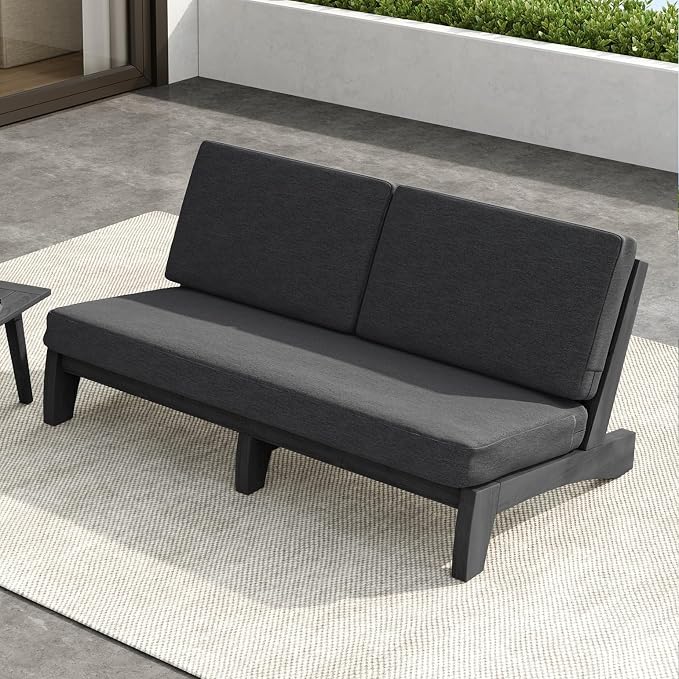 Outdoor Furniture Patio Couch, Weather Resistant 3-Seater Patio Sofa with Removable Cushion, Black Solid Wood Frame for Porch & Backyard Seating - Dark Gray