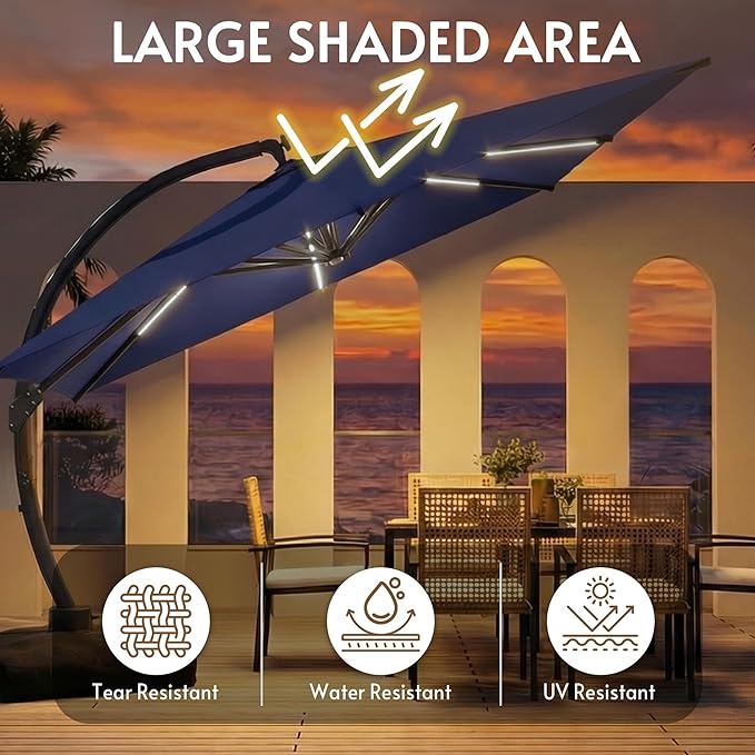 11x11FT Solar Powered LED Light Cantilever Patio Umbrella with Base Included, Large Cantilever Umbrella with 360°Rotation, Heavy-Duty Offset Outdoor Umbrella for Patio,Pool,Backyard (Navy blue)
