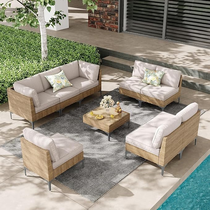Jing's Villa 9-Piece Outdoor Patio Furniture Set, All-Weather Wicker Sectional Sofa with Coffee Table & Thick Anti-Slip Cushions for Backyard,Lounge,Garden,Deck, Beige