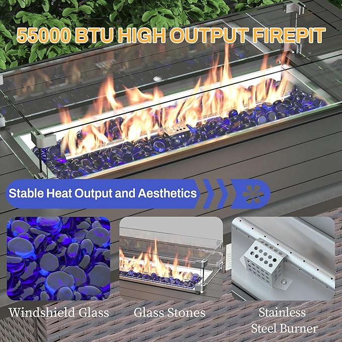 Patio Furniture Set 7 Pieces Outdoor Furniture Patio Conversation Set w/43in Gas Fire Pit,PE Rattan Wicker 7 Pcs Outdoor Sofa Set w/55000 BTU Propane Fire Pit Table,NavyBlue