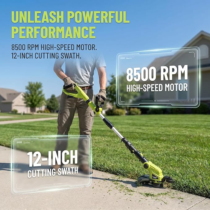 KITLUCK Cordless String Trimmer & Edger, 20V Electric Lawn Mower Weed Cutter with Auto Line Feed, 12″ Grass Trimmer Edger Lawn Tool with 4 PCS Spool Line and 2.0Ah Battery for Lawn Care, Yard, Garden