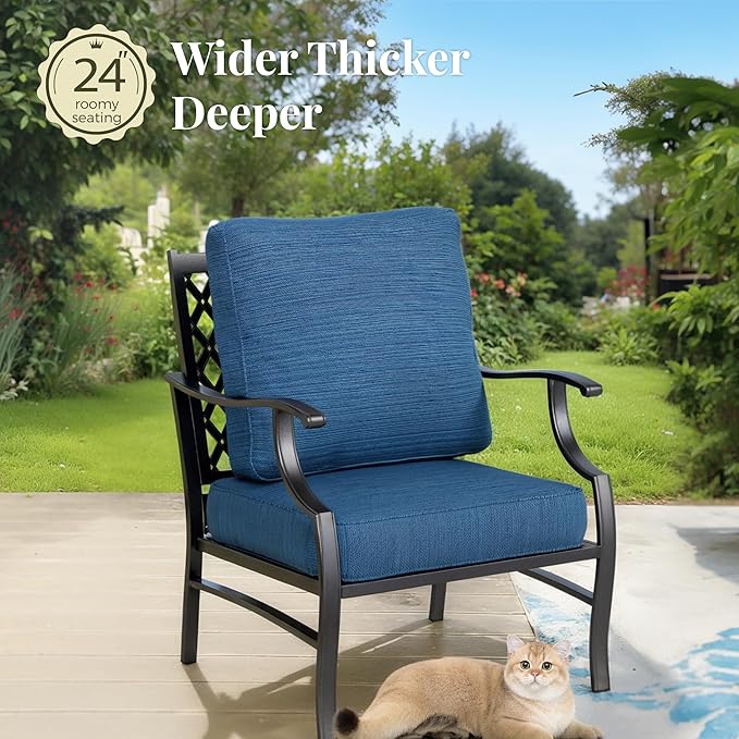 Patio Furniture Set 4 pcs, Metal Outdoor Patio Furniture, 3-Seat Sofa, 2 Single Chairs, Coffee Table and 5.75" Extra Thick Cushion, Conversation Set for Backyard Deck, Gemstone Blue