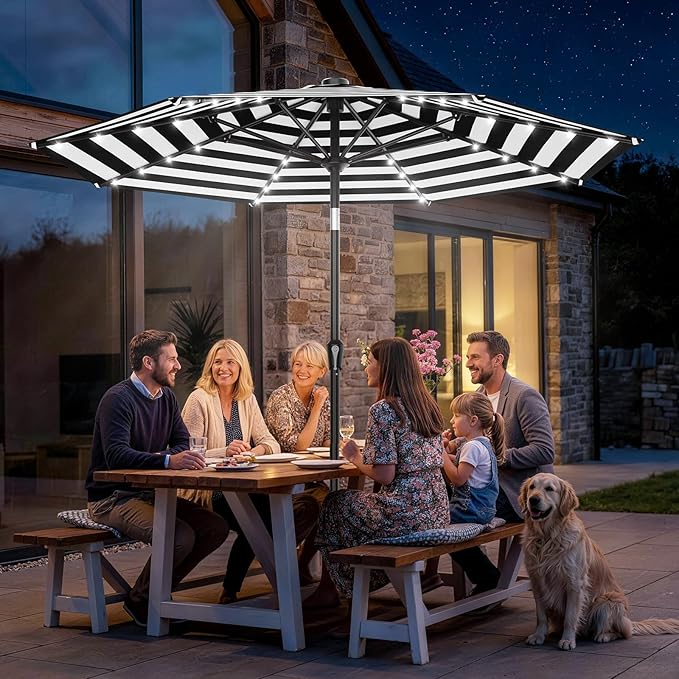 AreShark 9FT Patio Umbrella with Solar Lights, 32 Lighted Solar Table Market Umbrella w/Tilt and Crank Outdoor Umbrella for Garden, Deck, Backyard, Pool and Beach, Black and White Stripe