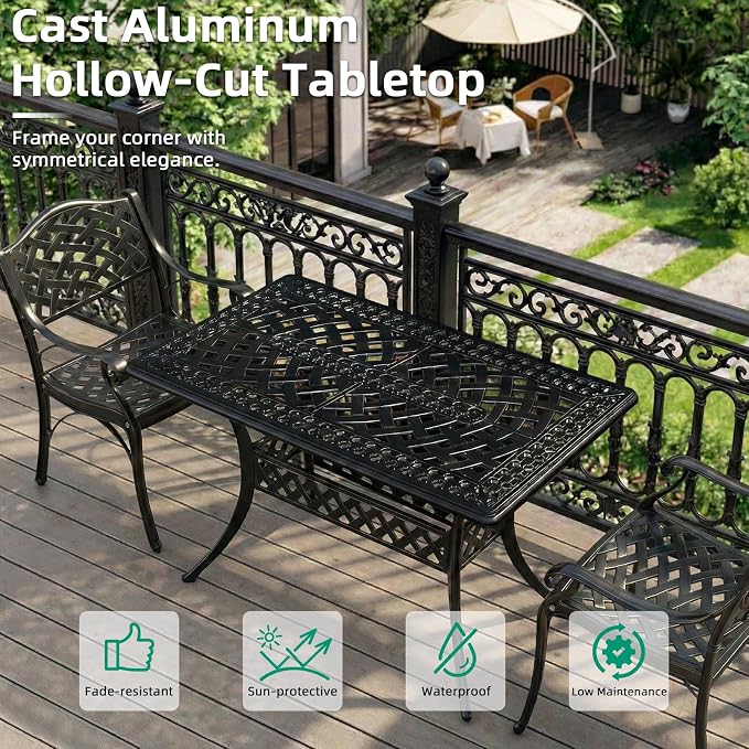 VIVIJASON 3 Piece Patio Bistro Set, Cast Aluminum Outdoor Dining Set with 42" x 24" Rectangular Table and 2 Chairs, Rust Proof & Weather Resistant Furniture for Small Balcony, Porch, Garden, Deck