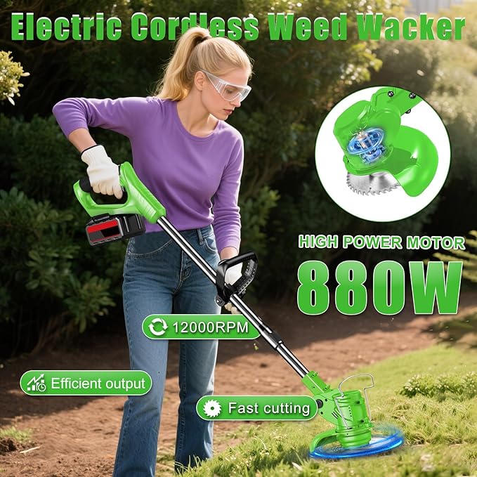Electric Weed Wacker String Weed Eater Cordless Grass Trimmer 21V Battery Powered String Trimmer with 2x2.0ah Battery and Charger Brush Cutter/Edger/Mower with 3 Types Blade for Garden Lawn(Green)