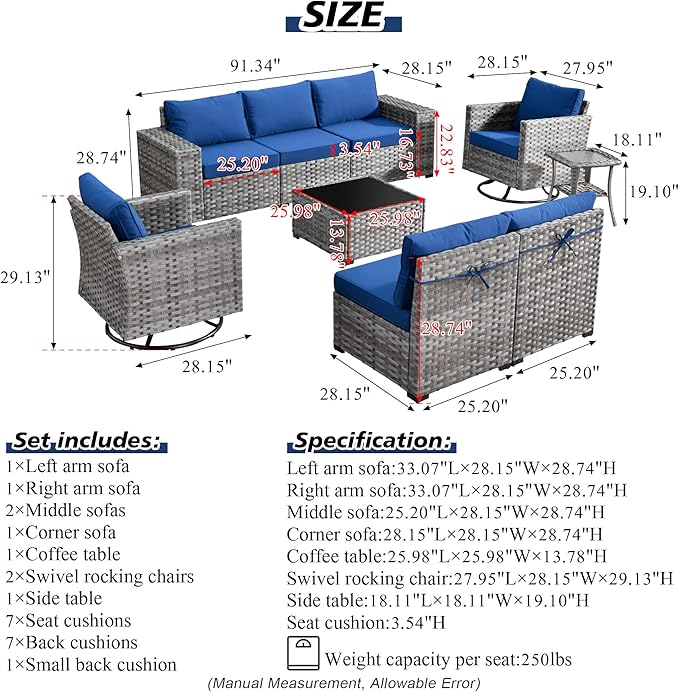 HOOOWOOO Outdoor Patio Sectional Furniture Sofa Set with Swivel Rocking Chairs,9 Piece Modern Wicker Couch with Widened Armrest,Modular Conversation Seating Set for Garden(Navy Blue)