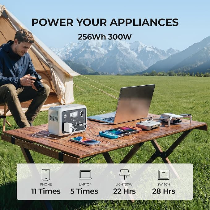 DYNESS Portable Power Station 300W with 100W Foldable Solar Panel, 256Wh Solar Generator with 110V Pure Sine Wave AC Outlet, LiFePO4 Battery for Camping, Home Backup, RV, Outdoor