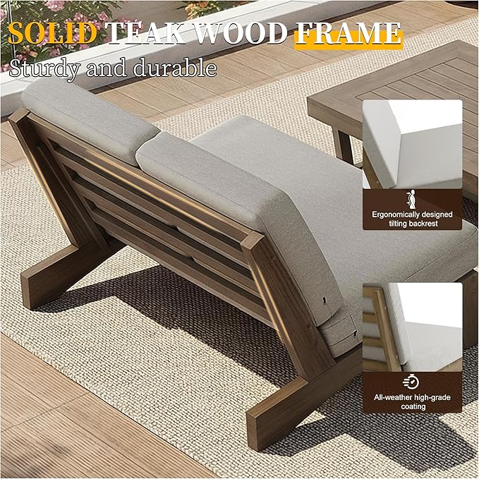 UIXE 6 Pieces All Weather Wood Patio Furniture Sets, 2 Patio Loveseat, 2 Patio Bistro Chair, Outdoor Sectional Sofa Furniture Backyard Conversation Set with Coffee Table - Light Camel