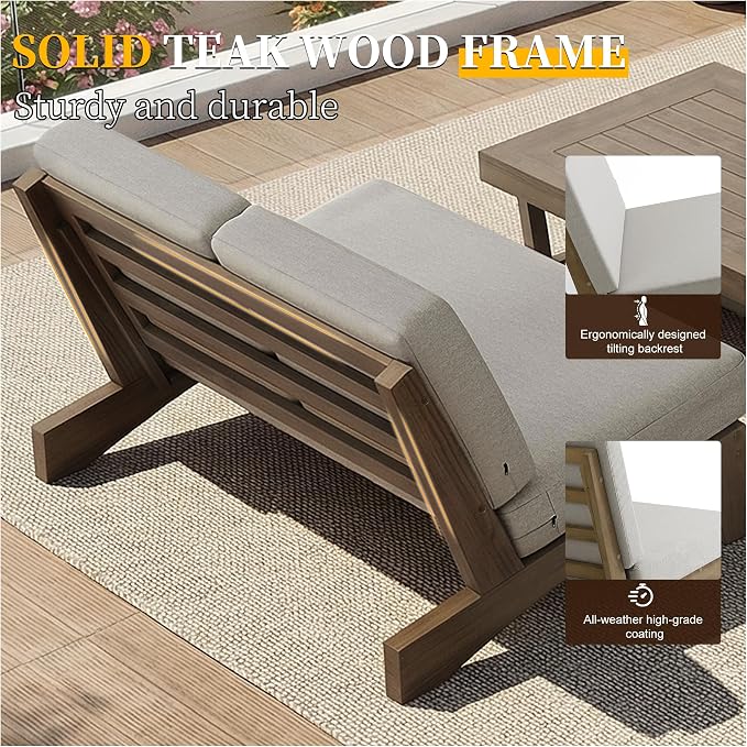 All Weather Patio Furniture Sets, 4 Pieces Teak Wood Outdoor Sectional Futniture Patio Sofa Chair Backyard Conversation Set with Solid Wooden Coffee Table - Light Camel