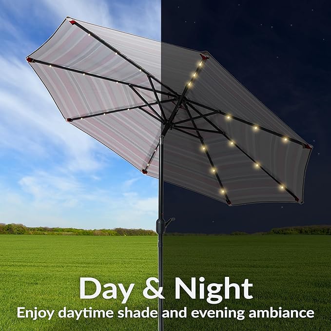 Sunnydaze 9 ft Striped Patio Umbrella with Solar Lights - Polyester LED Table Market Umbrella with Tilt and Crank - Awning Stripe
