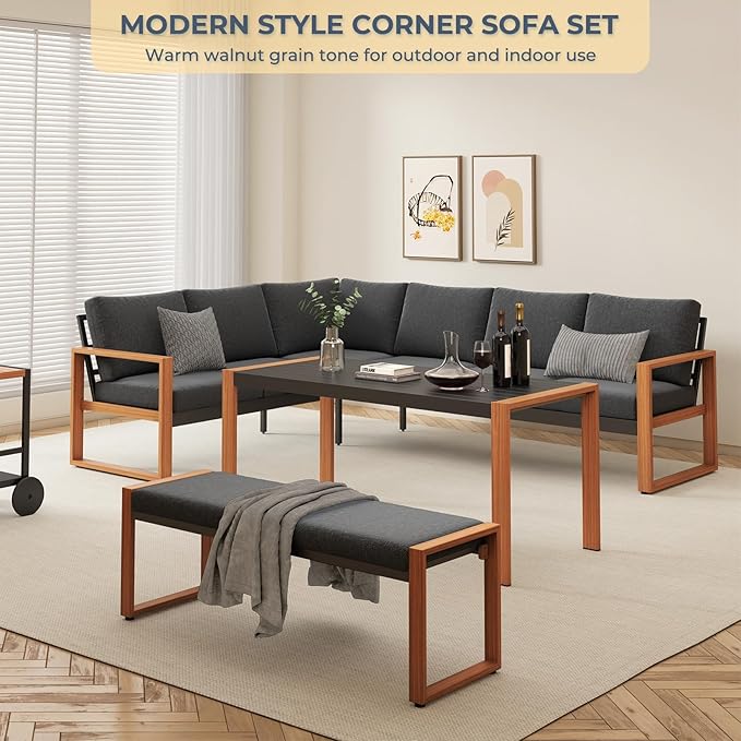 Grand patio Aluminum Patio Furniture Set, L Shaped Outdoor Sectional Sofa with Dining Table and Bench, Modern Outdoor Conversation Couch with Chaise, Faux Wood Grain Finish