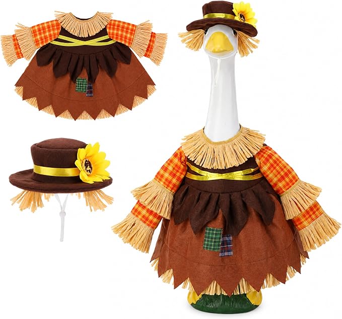 DECOHS 2 Pcs/Set Scarecrow Porch Goose Outfits, Fall Thanksgiving Lawn Goose Statue Scarecrow Costume, Garden Goose Scarecrows Clothes Hat for 23" Statue Autumn Halloween Outdoor Patio Yard Decoration