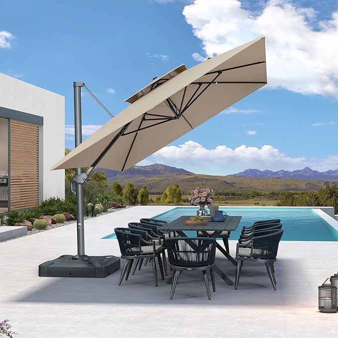 PURPLE LEAF 10' X 13' Double Top Cantilever Patio Umbrella Deluxe Large Outdoor Umbrella Rectangle Offset Umbrella with Fade Resistance for Garden Deck Pool Patio, Sand Dune