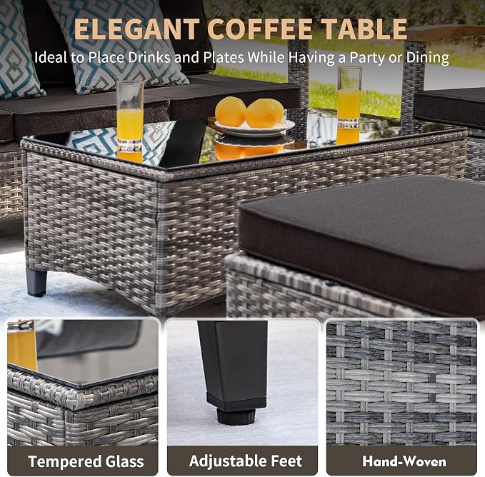 MEISSALIVVE 7 Pieces Patio Furniture Sets,Wicker Patio Conversation Sets with 2 Wood Armrests Swivel Glide Chairs, 2 Ottoman, 3-seat Sofa and Coffee Table (Black)
