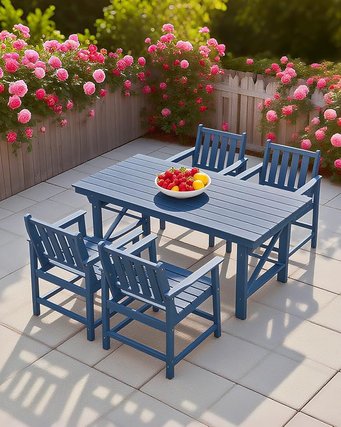 Outdoor Patio Dining Table Set, 5-Piece Outdoor HDPE Dining Furniture Sets with Umbrella Hole Table and 4 Chairs, All Weather for Backyard, Garden, Poolside, Lawn, Navy