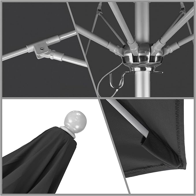 California Umbrella 9' Round Aluminum/Fiberglass Umbrella, Push Open, Silver Pole, Sunbrella Black Fabric