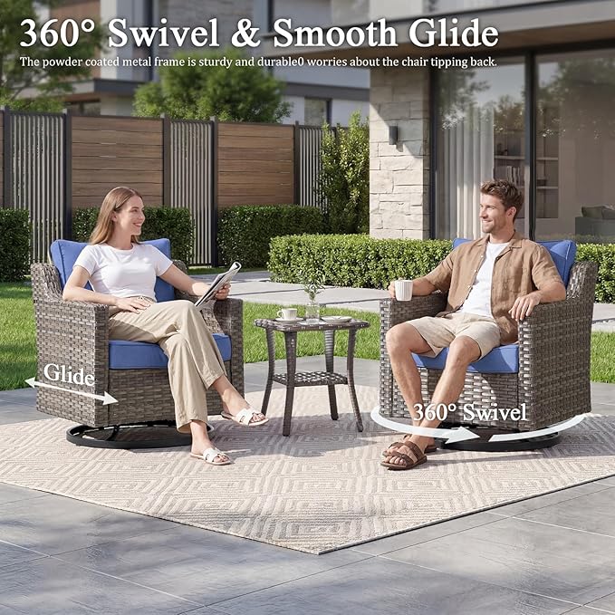 Luxury Patio Furniture sofa Set - 9 Pieces All Weather Wicker Outdoor Couch and High Back Swivel Rocker Patio Chairs with Side table&footstools for Deck Yard and Poolside Gray Wicker | Blue Cushions