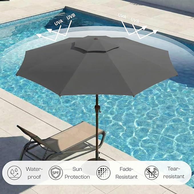 Outdoor Patio Umbrella, 2 Tiers Market Table Umbrella with 8 Sturdy Ribs, Push Button Tilt and Crank, UPF50+ UV Protection for Deck, Pool, Garden and Backyard