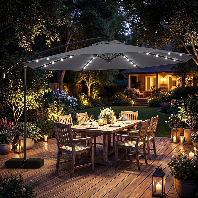 Tangkula 10ft Solar Patio Umbrella with Base Included, Offset Cantilever Outdoor Umbrella with 32 LED Lights, 360 Degree Rotation, Crank Handle for Pool Deck Garden Backyard (Gray)