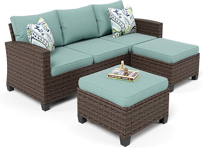 3 Pieces Wicker Patio Furniture Set, Rattan Outdoor Conversation Set with 3-Seater Sofa, 2 Pieces Ottomans, Blue