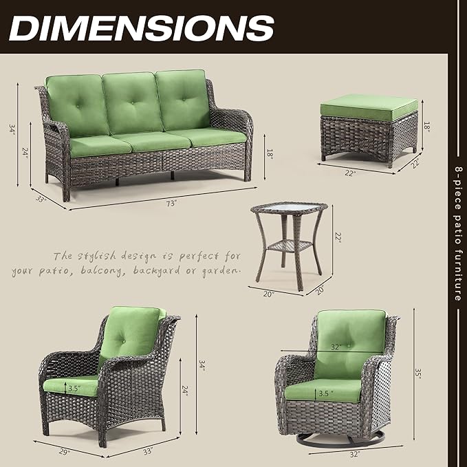 Wicker Patio Furniture Sets 8 Piece Set with 3-Seat Sofa, 2 Swivel Rocking Armchairs, 2 Armchairs, 2 Ottoman and 1 Side Table Outdoor Furniture Sectional Conversation Set, Green