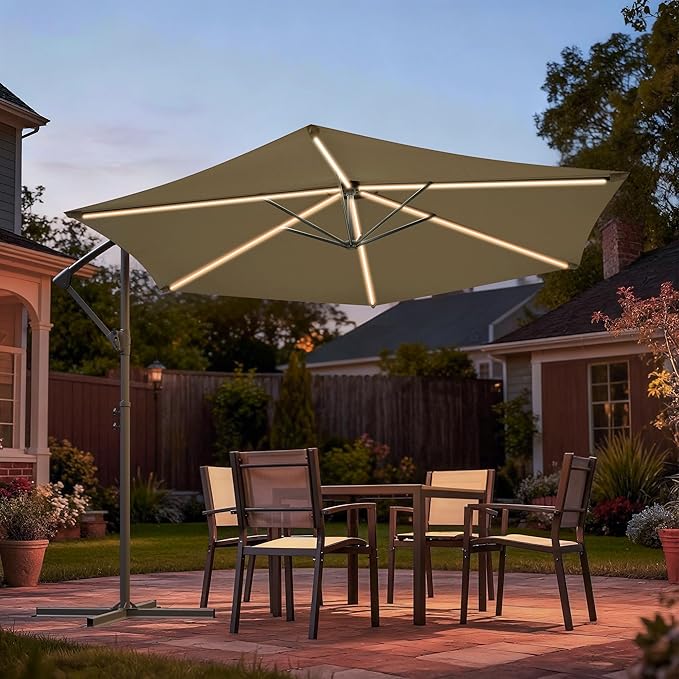 10ft Offset Patio Umbrella with Solar Light Strips,Outdoor Cantilever Hanging Umbrella with Cross Base, Fade Resistant Recycled Fabric, for Pool, Deck, Garden,Backyard,