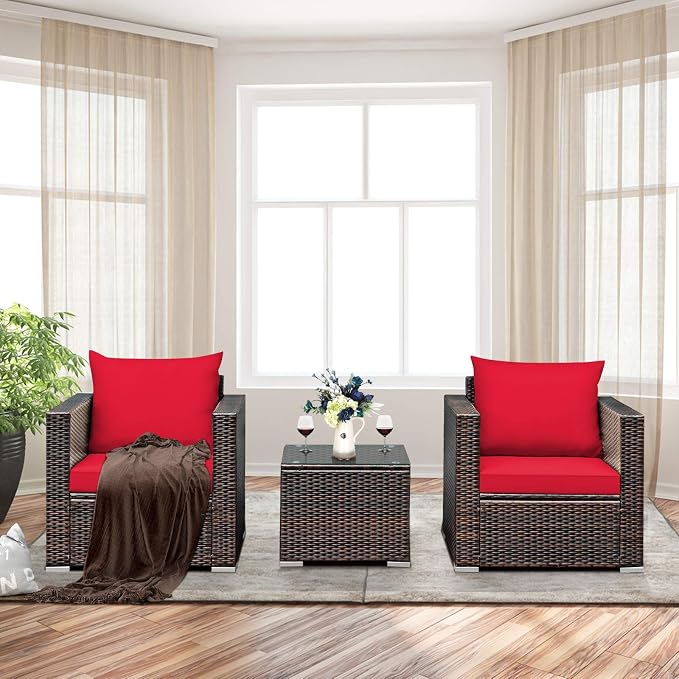 COSTWAY 3-Piece Patio Furniture Set, Outdoor Wicker Rattan Sofa with Cushions and Coffee Table with Tempered Glass, Modern Conversation Chair Set for Poolside Backyard Balcony Lawn (Red)