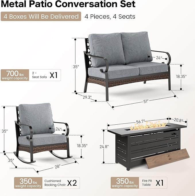 4 Piece Metal Outdoor Patio Furniture Sets with Firepit Table, Patio Conversation Sets 1 2-Seater Sofa, 2 Rocking Sofa with 5.75" Cushion Black Backyard Furniture for Deck, Gray