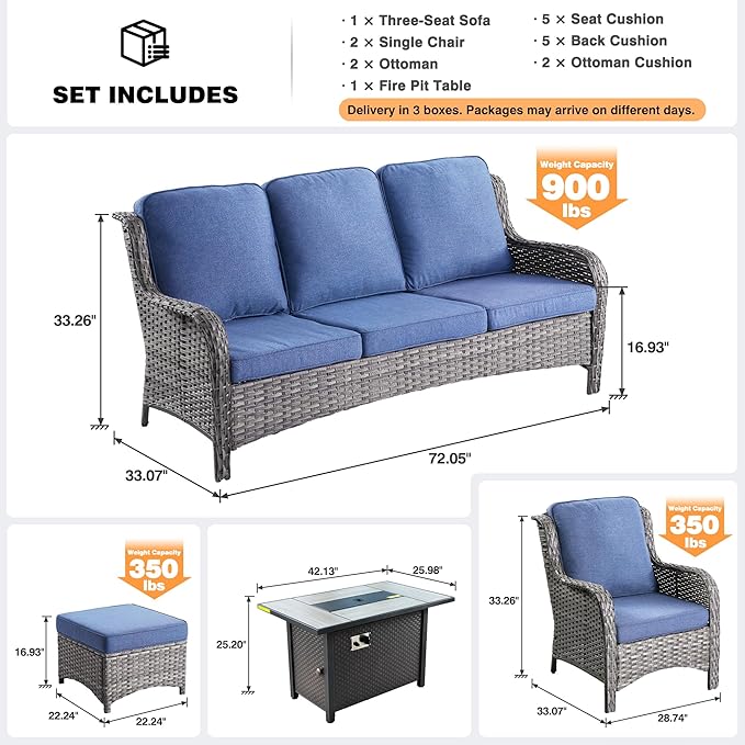 ovios 6-Pieces Patio Furniture Set with 42 Inch Fire Pit Table, Outdoor Wicker Sofa Couch Ottomans Comfy Cushions, High Back Modern Conversation Set, Grey Rattan, Denim Blue