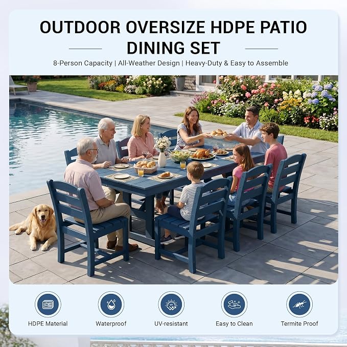 KINGYES 8-Person Outdoor Patio Dining Set with Patio Umbrella,84 inch HDPE Rectangular Table and Chairs Set，Waterproof Furniture Set with Umbrella Hole for Backyard,Blue
