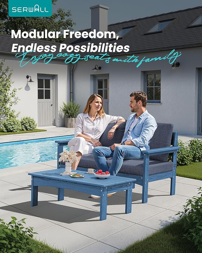 SERWALL HDPE Patio Sofa Set, 3 Pieces Conversation Set, All-Weather Outdoor Couch Sectional Sofas with Removable Cushions and Coffee Table for Deck, Garden, Poolside, Blue Frame with Grey Cushion