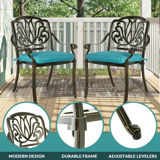 MEETWARM 9-Piece Outdoor Furniture Dining Set for 8, All Weather Cast Aluminum Patio Dining Set- Large 64" Square Table with Umbrella Hole, 8 Cushioned Chairs, Patio Table and Chairs Set, Ocean Blue