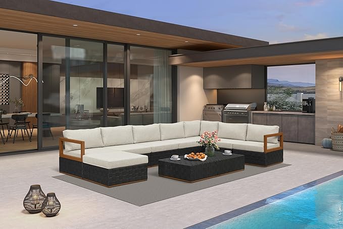 PURPLE LEAF Patio Outdoor Furniture Set 10 Pieces, Premium Leather Outdoor Couch Sectional Sofa, Patio Couch for Porch with Olefin Cushions, Patio Conversation Sets for Porch, Balcony, Garden, Black