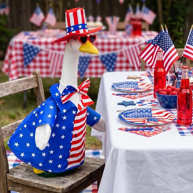 1 Set 4th of July Porch Goose Outfit for 23 Inch Goose Statues | Includes Patriotic 250th Anniversary Goose Clothes for Plastic or Cement Statues and Patio, Yard and Garden Displays