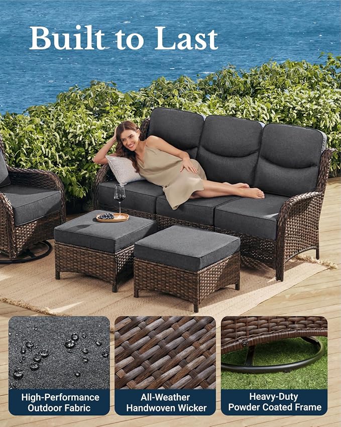 HILLGA Luxury High Back Patio Furniture Set with 6-Inch Thick Cushion, 7-Piece Outdoor Conversation Set with Sofa, Swivel Rocker Chairs & Ottomans, Ideal for Porch Pool Deck Yard (Dark Grey)