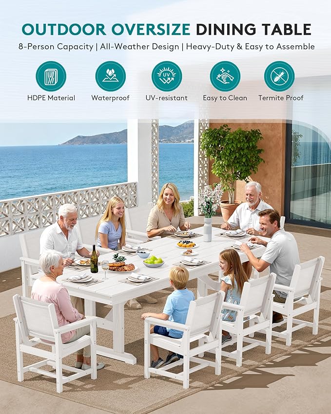 SERWALL 9 Piece Outdoor Dining Set, 84" HDPE Outdoor Large Table and Textilene Sling Chairs for 8，All Weather Patio Dining Furniture Set with Umbrella Hole for Backyard, Garden, White
