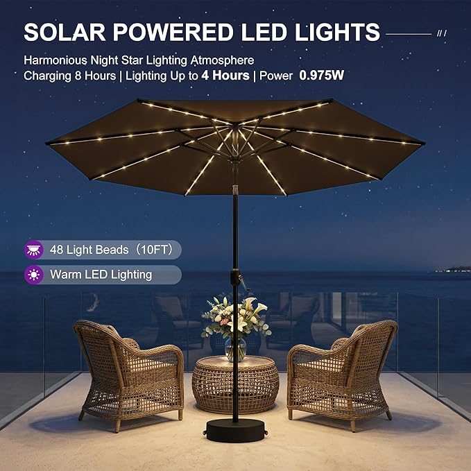 PURPLE LEAF 10' Round Patio Umbrella with Solar LED Outdoor Table Umbrella Aluminum Frame Market Umbrella with 8 Sturdy Ribs & Tilt for Garden Deck Lawn Pool Taupe