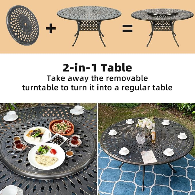 9-Piece Patio Furniture Dining Set, All Weather Cast Aluminum Outdoor Conversation Set- 61" Round Patio Dining Table with Detachable Lazy Susan & 8 Cushioned Chairs, Umbrella Hole, Navy Blue