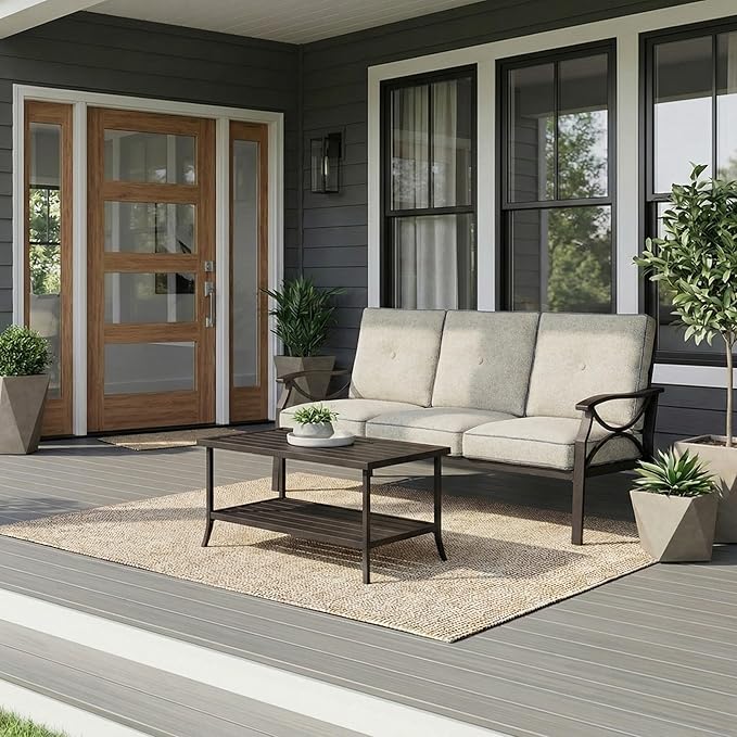 RoyalCraft Outdoor Patio Furniture Set, 2 Piece Patio Conversation Set, Metal Furniture Set with 3 seat Sofa for Porch Backyard, Black Metal Chair with Gray Cushions